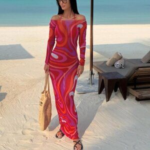 Pucci Marmo Maxi Dress Corallo And Fuxia